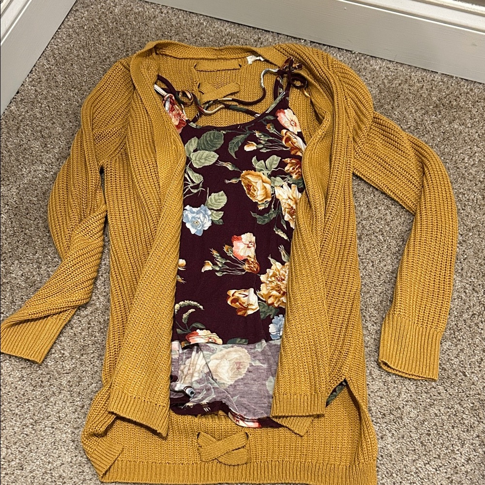 StitchFix mustard cardigan and floral cami top S/M